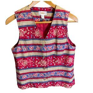 Talbots Cottagecore Red Floral Patterned Buttoned Sleeveless Vest Sz S